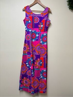 Vintage 60’s Hukilau Fashions Hawaiian Pink Neon Paisley Maxi Dress 10 Medium